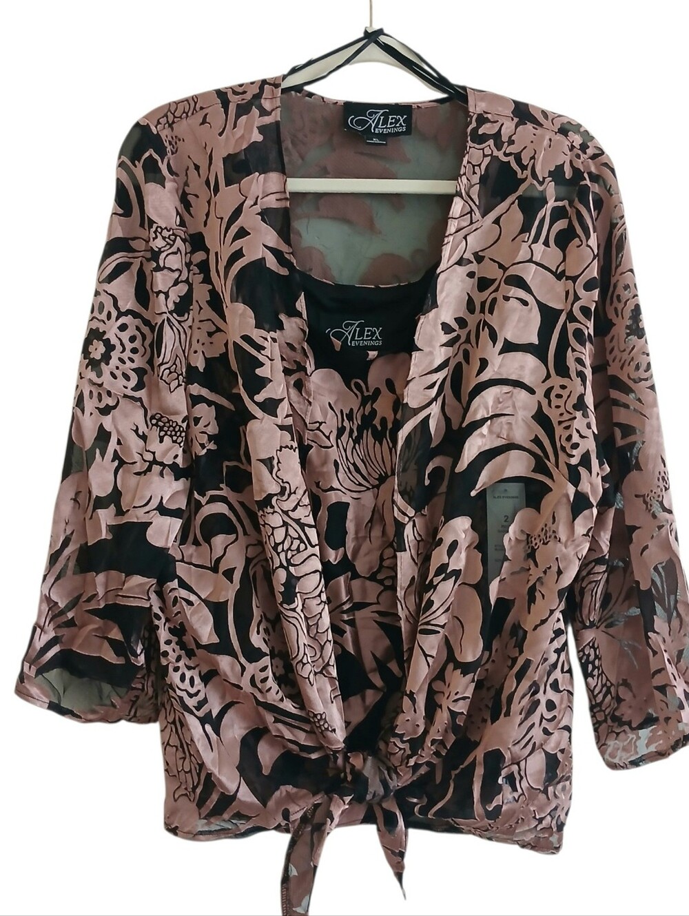 NEW ALEX EVENINGS 2-Piece Burnout Twinset Tank Cardigan Women's XL Black Rose